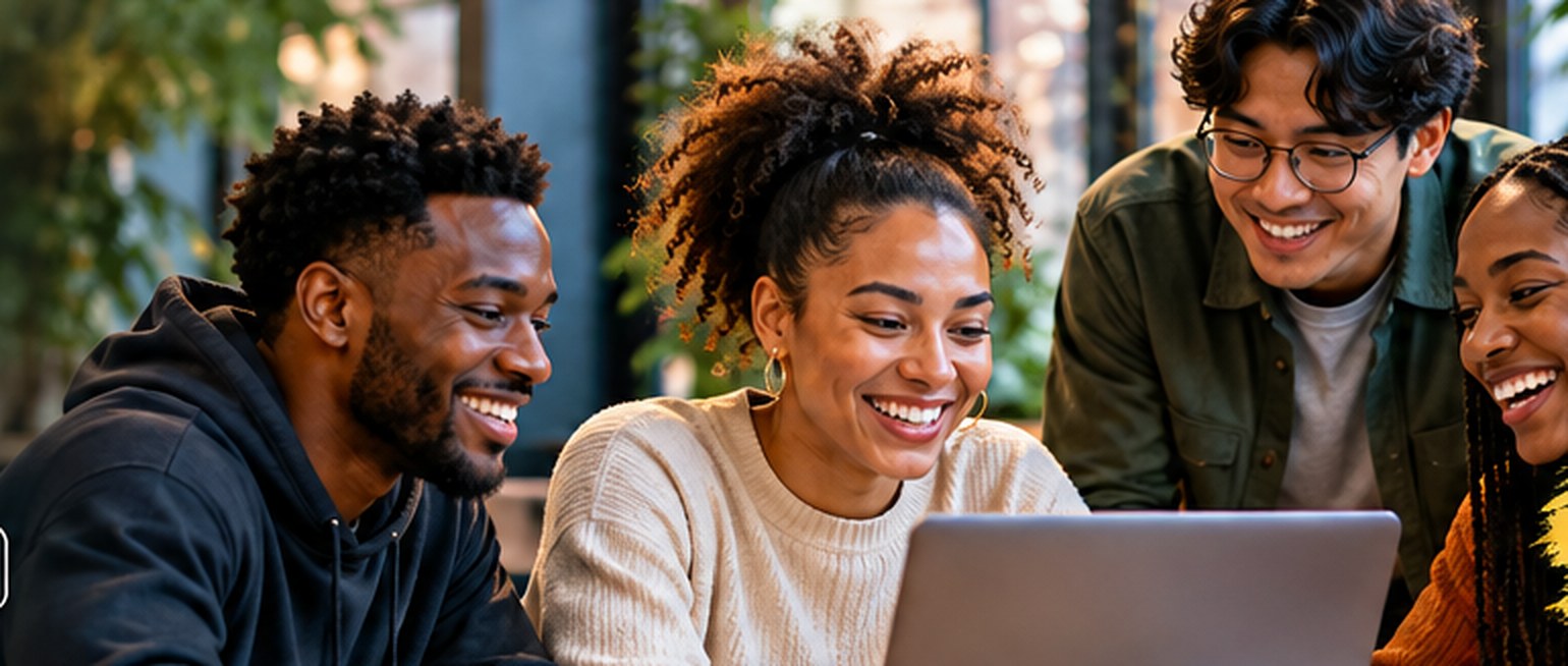 Illustrative scene of a diverse group of adults exploring information together on a laptop